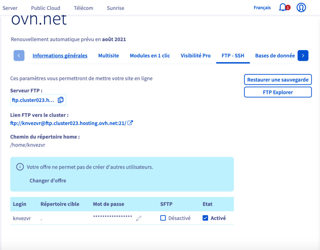 Quels sont les outils à utiliser pour héberger le site pour un serveur OVH ?